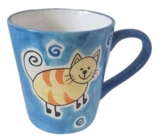 Whittard Style Coffee Cup Hand Painted Design Blue w/ Swirls Cartoon Cat Mint 