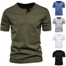 Mens Summer Solid Button V Neck T Shirts Henley Casual Short Sleeve Baggy Tops