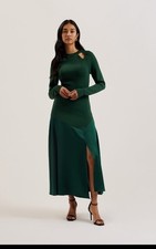 TED BAKER Midi Dress Womens TB 2 UK 10 Alfeios Green Cut Out Front Split RRP 259
