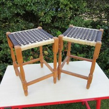 2x Retro Vintage Small Wooden Wicker Rattan Stool (Woven Table Foot Seagrass)