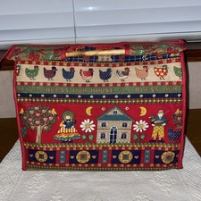 Vintage Knitting Sewing Caddy Bag Folding Wood Frame - Chicken Farmyard 