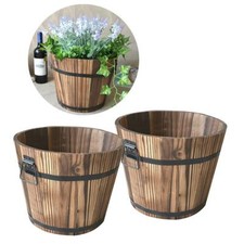2 x Wooden Bucket Pot Flower Planter Barrel Patio Garden Outdoor Home Decor