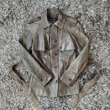 Reiss Belted Geunine Leather Jacket Womens 4 US Button Front Beige Casual Moto