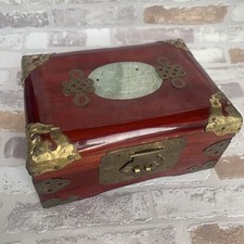 Vintage Wood & Brass Jewellery Box Jade  Like Insert Silk Lined China 6.5” X4.5”