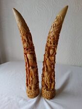 Reproduction Carved Tusk's Oriental Vintage Resin Sculptures 