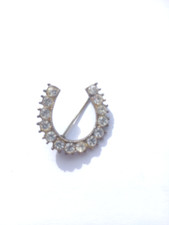 Vintage Brooch Pin Clear Crystal Lucky Horseshoe Silver Tone Metal