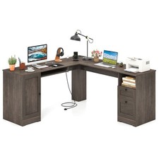 COSTWAY 168 CM L-shaped Computer Desk Modern Office Desk w/Power Outlets-Grey
