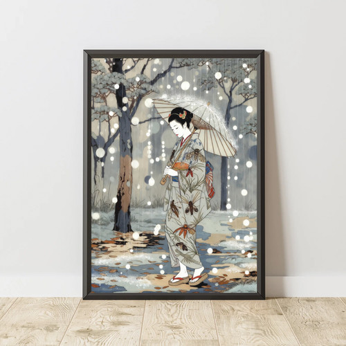 Japanese geisha snow art print - japanese,