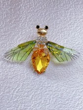 Sparkly Rhinestone Bee Brooch with Green Wings Amber Gem-Like Body Jewelry Gift