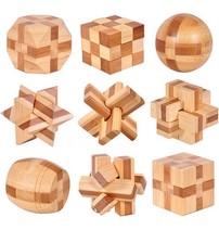 Set of 9 3D Wooden Brain Teaser Puzzles, IQ Challenge Puzzle Games,