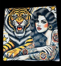 Retro Funky Tattooed Lady & Lion Cushion Cover Pillow Case