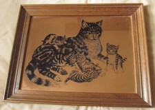 Etchmaster cat with kittens framed picture
