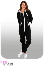 Womens Plain Jumpsuit Ladies All in One Peice Hooded Zip Up Playsuit S-5XL 8-24