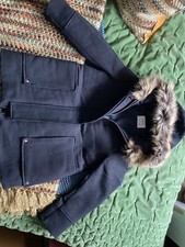 Zara Girls Navy Wool Blend Duffle Coat With Faux Fur Hood Size 10 Years