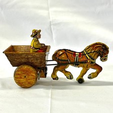 Vintage Marx 1950’s Tin Plate Litho Farmer Horse and Cart Wind Up Mechanical Toy