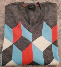 Men GALVIN GREEN Classic Wool Blend V-neck Sweater Size L Jumper Grey 3D Pattern