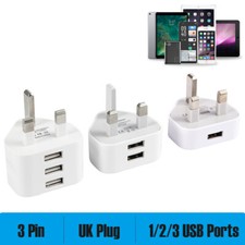 Dual Three Ports USB Charger 3 Pin UK Mains Wall Plug Adapter For Phones Tablets
