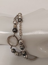 DKNY Silver Color Double Chain, Pearl, Oval rhinestones Charms Logo Bracelet