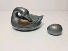 Set of 2 Vintage Pewter & Brass Trinket Boxes - Duck and Egg, Made in Hong Kong