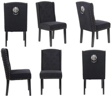 6 X Black Velvet Dining Chairs , 12 Button Detail, Stud Detail Lion head knocker