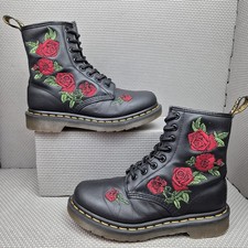Dr Martens 1460 W Boots UK 4 Women’s Black Red Roses Floral Yellow Stitch Vonda