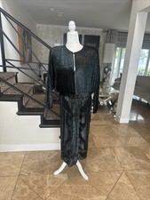 Janice Wainwright 80s Black Velvet & Silver Metallic Deco Pattern Midi Dress 12