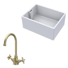 Fireclay 1 Bowl Belfast Sink Tap Brushed Brass 615mm