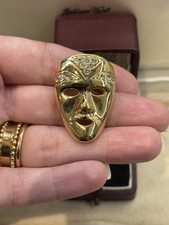 Kitsch Gold Tone Mask Brooch with Rhinestones Vintage