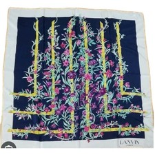VINTAGE LANVIN PARIS SILK SCARF BLUE YELLOW FLORAL MADE IN FRANCE W GIFT 🎁  BAG
