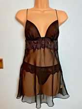 F7 LA SENZA ULTRA SHEER BLACK CHIFFON LACE BABYDOLL CAMI THONG SET M 10/12/14