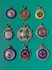 COLLECTION OF 9 X STERLING SILVER & ENAMEL POCKET WATCH FOBS/MEDALS 104 GRAMS