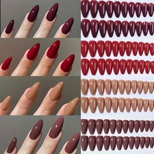 False Press-on nails Medium Almond Red Brown Mix 96pcs + FREE nail tabs BN1150