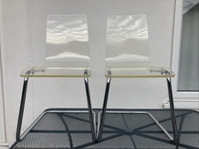 Pair Acrylic Perspex Cantilever Dining Chairs Transparent Clear Plastic Chrome 
