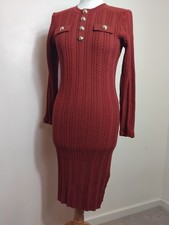 Karen Millen Maroon Wine Cable Knit Dress Stretch Large Gold Buttons