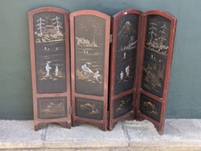 Antique Japanese Folding Screen With Mother Of Pearl Inlaid Village Scenes 35.5"