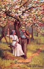 COURTING COUPLE IN ORCHARD THINKING OF YOU AT CREWKERNE SOMERSET POSTCARD 1900'S