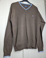 Fred Perry Jumper Mens Large Brown Baby Blue Pullover V Neck Mod Ska Skinhead