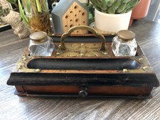 Antique Victorian Walnut and Brass Desktop Tidy with Pen Tray and Inkwells.