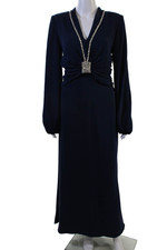 Reem Acra, Women Dark Blue V-Neck Long Sleeve Maxi Dress Size 6