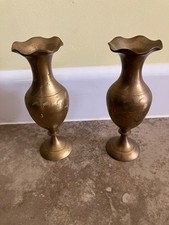 Two Small Vintage Brass Floral Etched Flower Vases