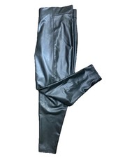 Marks And Spencer Faux Leather Wet Look Trousers Size 22R Khaki Green Excellent