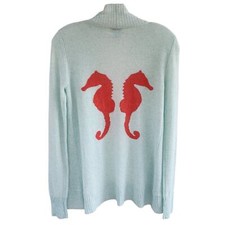 NEW Two Bees Cashmere Cardigan sz Small Light Aqua with Coral Seahorses Reg $297