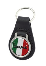 Vespa Italy Flag Quality Black Leather Round Keyring