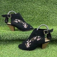 PEACOCKS BLACK SUEDE ANKLE BOOTS PEEP TOE CUT OUT FLORAL EMBROIDERY Size UK 5