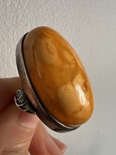 Antique Natural Butterscotch Egg York Baltic Amber w/Skin Silver ring 10.6g