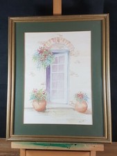 SIGNED TINA-EVER OPEN DOOR-ORIGINAL WATERCOLOUR PAINTING FLOWERS TERRACOTTA POTS