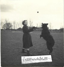 Vintage Old Family Photo Lady Coat Boots Ball Big Black Dog Jumping Park 1950's