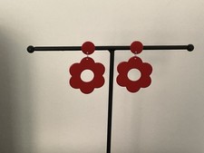 Dark Red Flower 60’s Style Long Drop Nickel Free Earrings