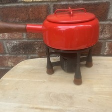 Vintage DANSK FONDUE SET in red enamel + cast iron stand Design Read Description