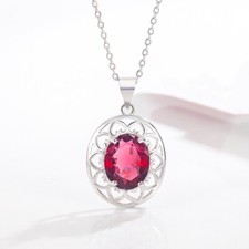 Oval Red Crystal Heart Pendant Necklace 925 Sterling Silver Women Girls Jewelry